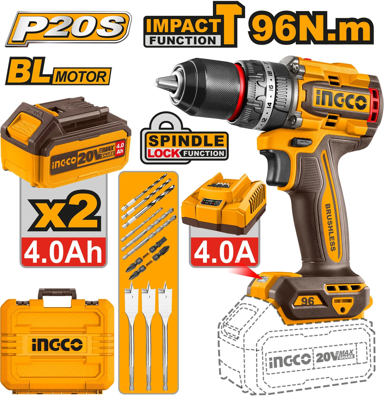 INGCO Brushless cordless impact drill CIDLI20968