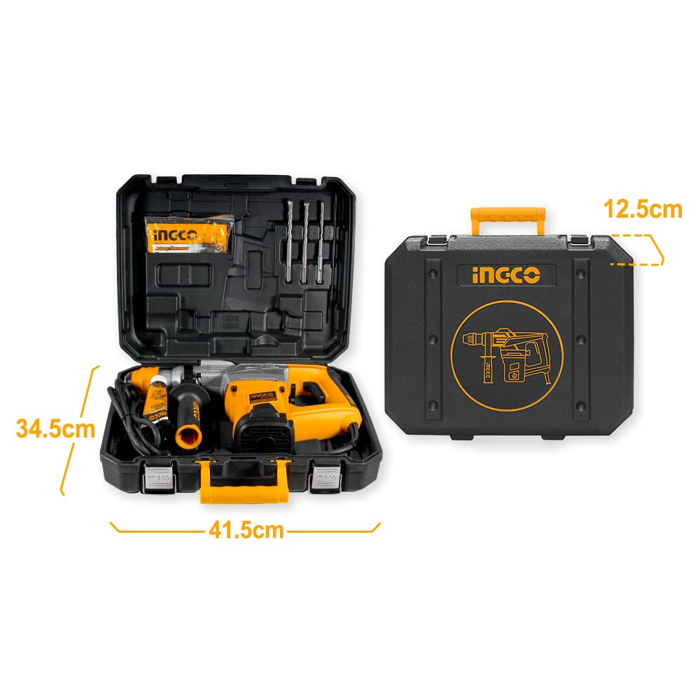 Ingco Rotary Hammer SDS-Plus Chuck Heavy Duty Rotary 5J with Vibration Control Hammer Drill, 1250W | 3800bpm, 3 drills and 2 chisels with Case, Yellow, Black