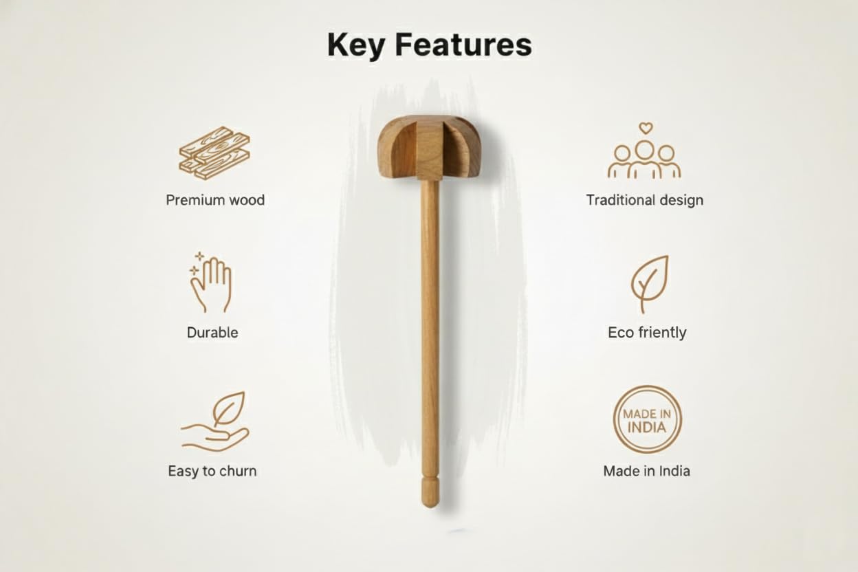 Udaipur Handicrafts | Manual Mathani Madani for Dahi, Lassi & Butter | Whisk Beater, Multi-Purpose Wooden Kitchen Churner for Homemade Dairy