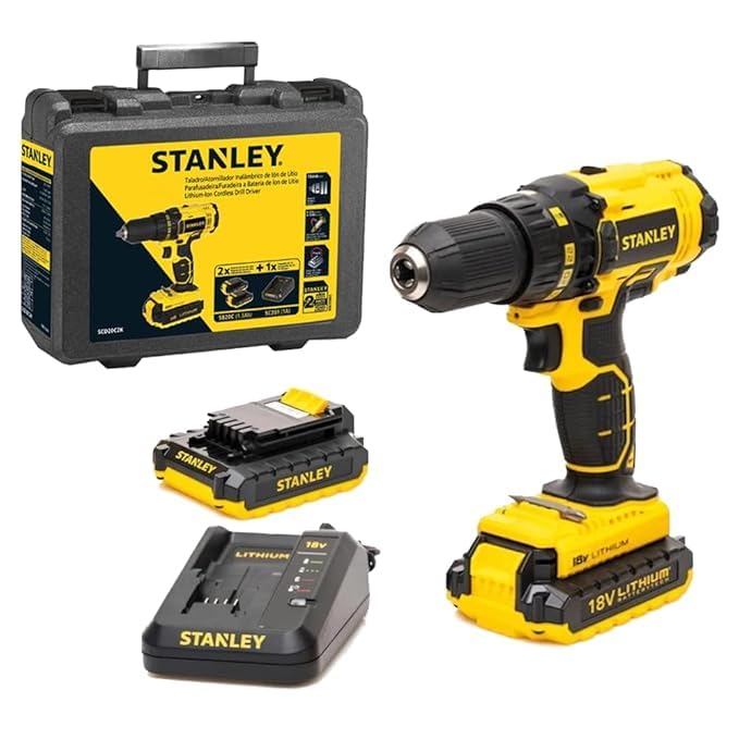 STANLEY SCD20C2K-B1 18V 13mm Cordless Drill Driver Machine with 2x 1.3Ah Li-Ion Batteries | 2-Speed, LED Light, High Torque Drill for Wood, Metal & Home DIY