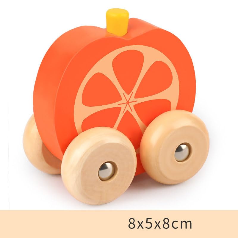 UdrCrafts® Montessori Wooden Mini Car Set Beech Wood Trolley & Grasping Toys for Kids Fun Fruits & Vehicles Design (Pack of 4)