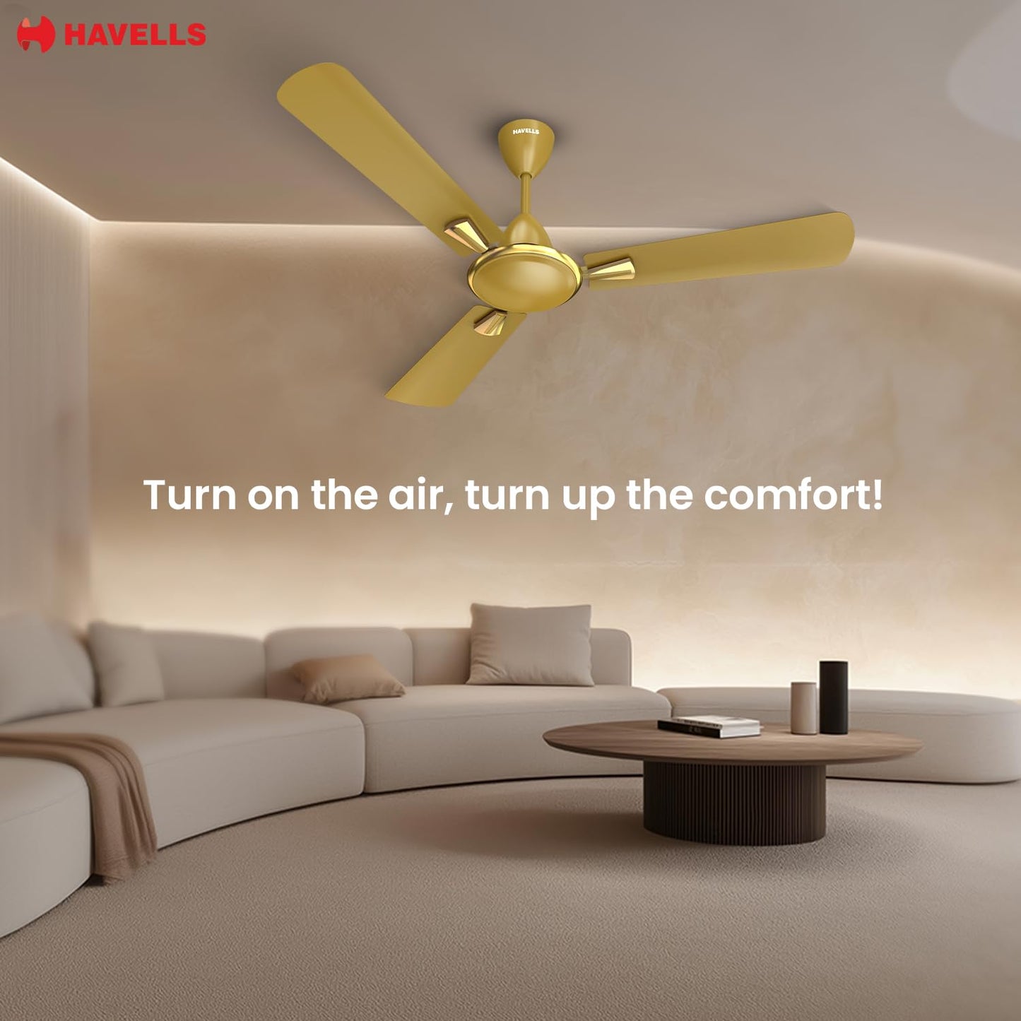 Havells Quickair 1200mm Ceiling Fan, High-Speed, Energy Efficient & Silent Operation with Modern Design, Ideal for Bedrooms | 2 Years Manufacturer Warranty | Desert Gold
