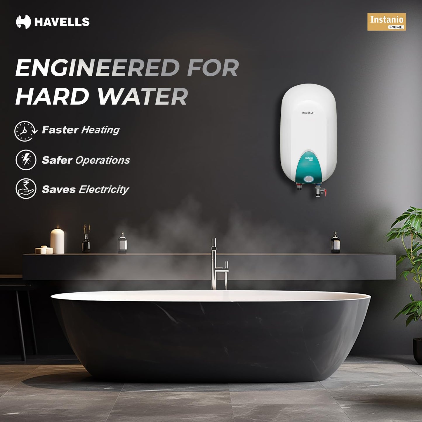 Havells Instanio Prime 25 Litre Storage Water Heater (Geyser) |Temp. Sensing Color Changing LED Indicator | Glass Coated Anti Rust Tank | Warranty: 5 Year on Tank | High Rise Compatible (White Blue)