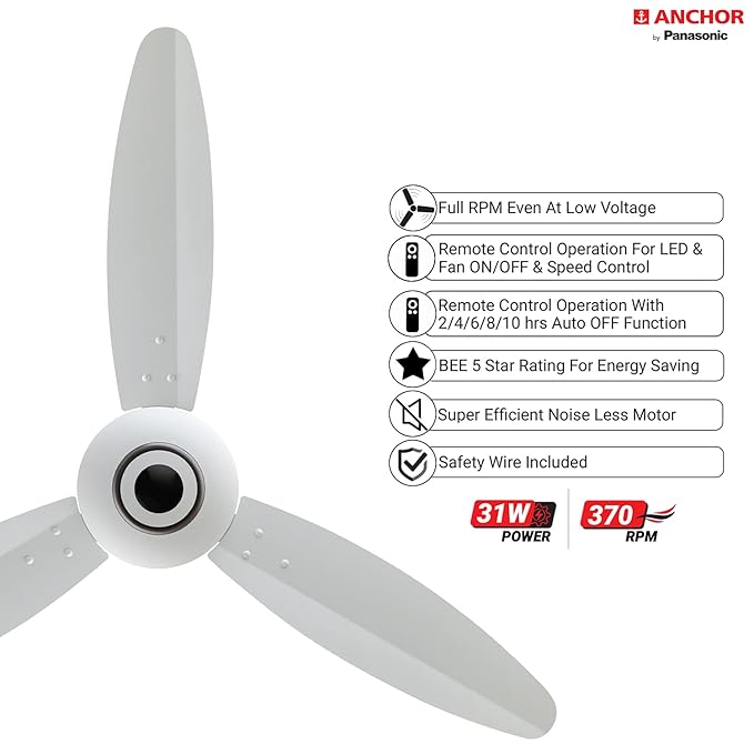 ANCHOR by panasonic Ecobreeze 1200mm BLDC Ceiling Fan (3 Blade, Matt White) with Remote, Medium (14143MWH)