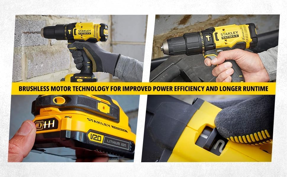 STANLEY FATMAX SCD711D2KA-B1 20V 2.0Ah 13mm Reversible Cordless Brushed Hammer Drill With 100pcs Accessories Kit 2x2.0Ah Li-ion Batteries 1pc Charger 2-Speed Gearbox, 2 Year Warranty, YELLOW & BLACK