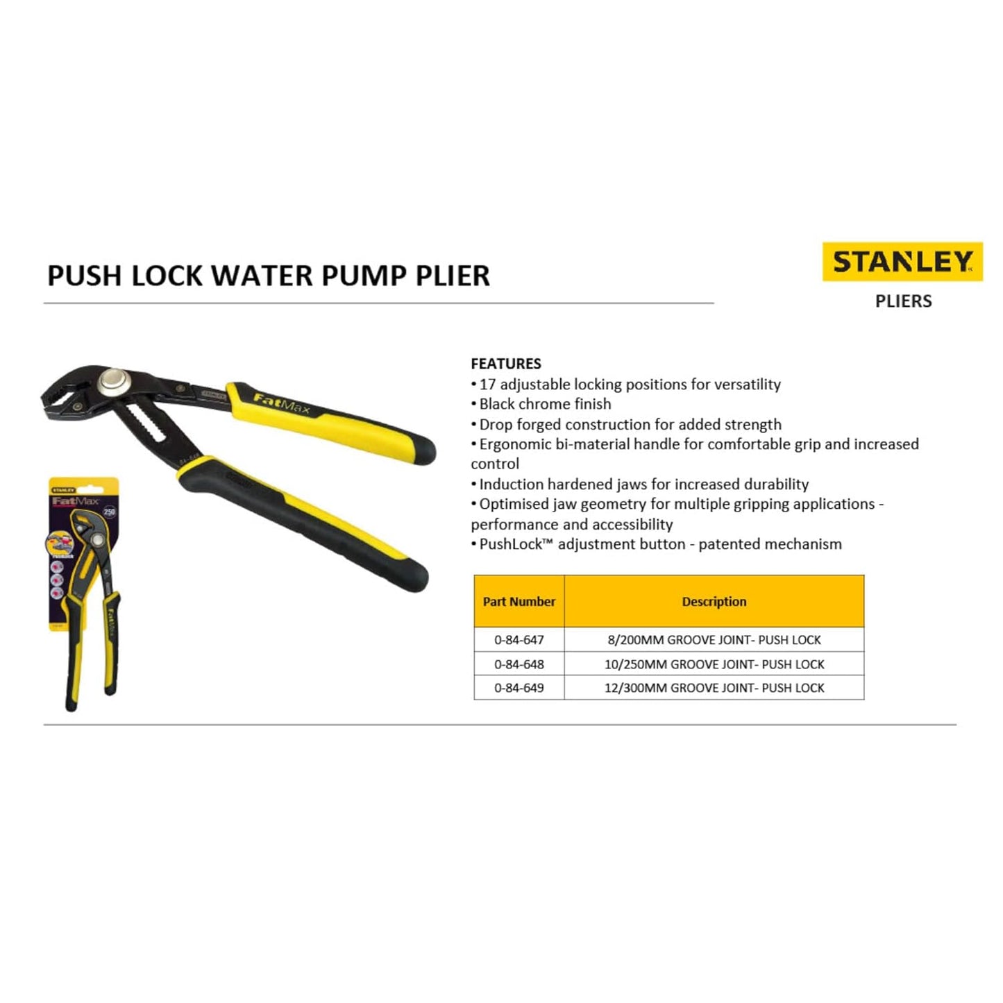 STANLEY 0-84-647 FATMAX Groove Joint Plier with Push Lock Button, 8/200 mm