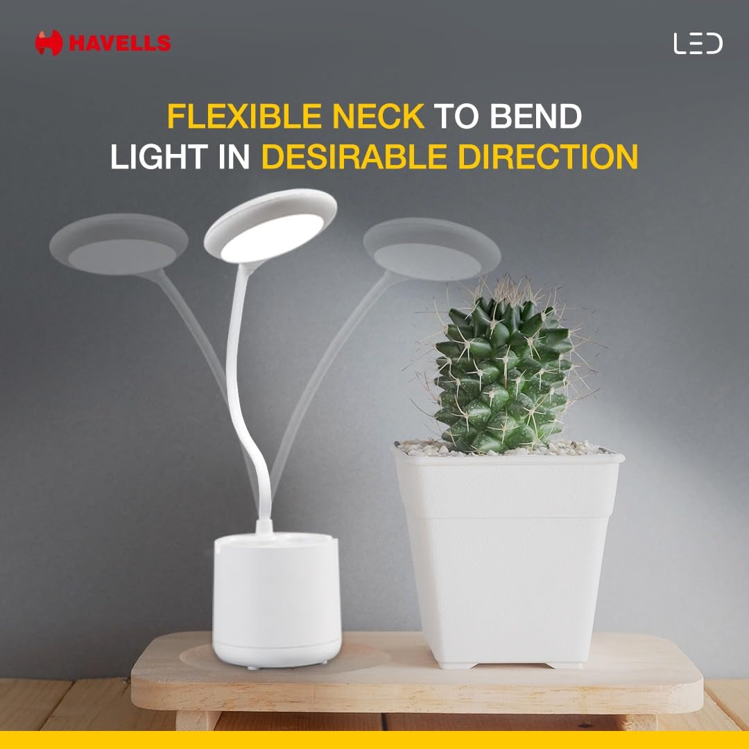 Havells Polycarbonate Moderna 5w LED Table Lamp |Rechargeable Desklight, 3 Dimming Modes with Brightness Control, White