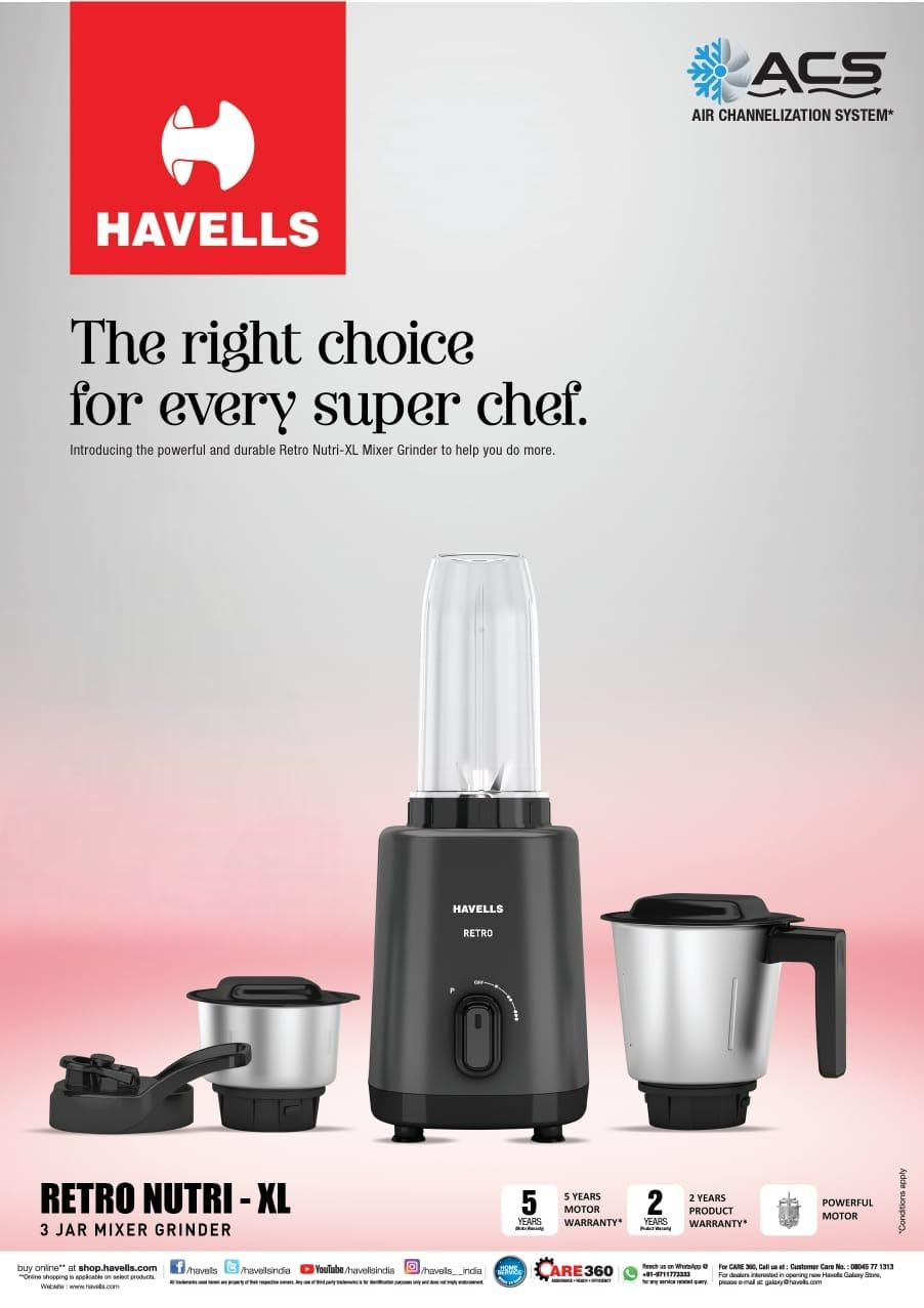 Havells Retro Nutri-Xl 500 Watts 3 Jar Mixer Grinder|21000Rpm| RoHS Complaint | 600Ml Nutri Jar with Sipper Lid | 1L Dry/Wet Grinding Jar |2Yr Product & 5Yr Motor Manufacturer Warranty (Black)
