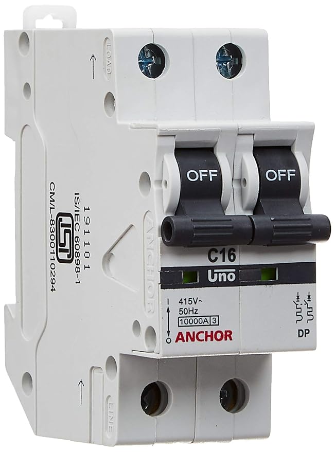 Anchor by Panasonic 98019 UNO Series 16 Ampere Dual Pole C Curve MCB,(White, Pack of 2)