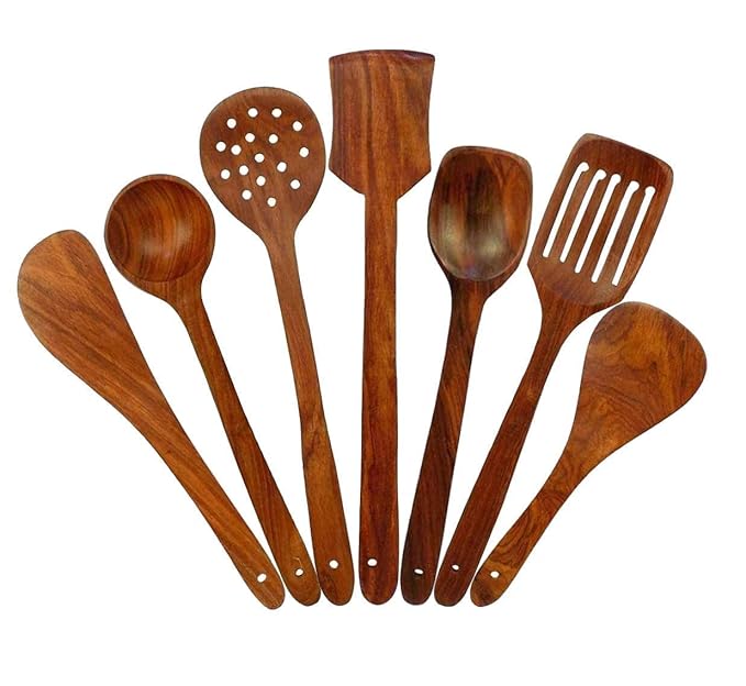 Udaipur Handicrafts Wooden Serving And Cooking Spoons Wood Brown Spoons Kitchen Utensil Set Of 7 - 8.3 Cm