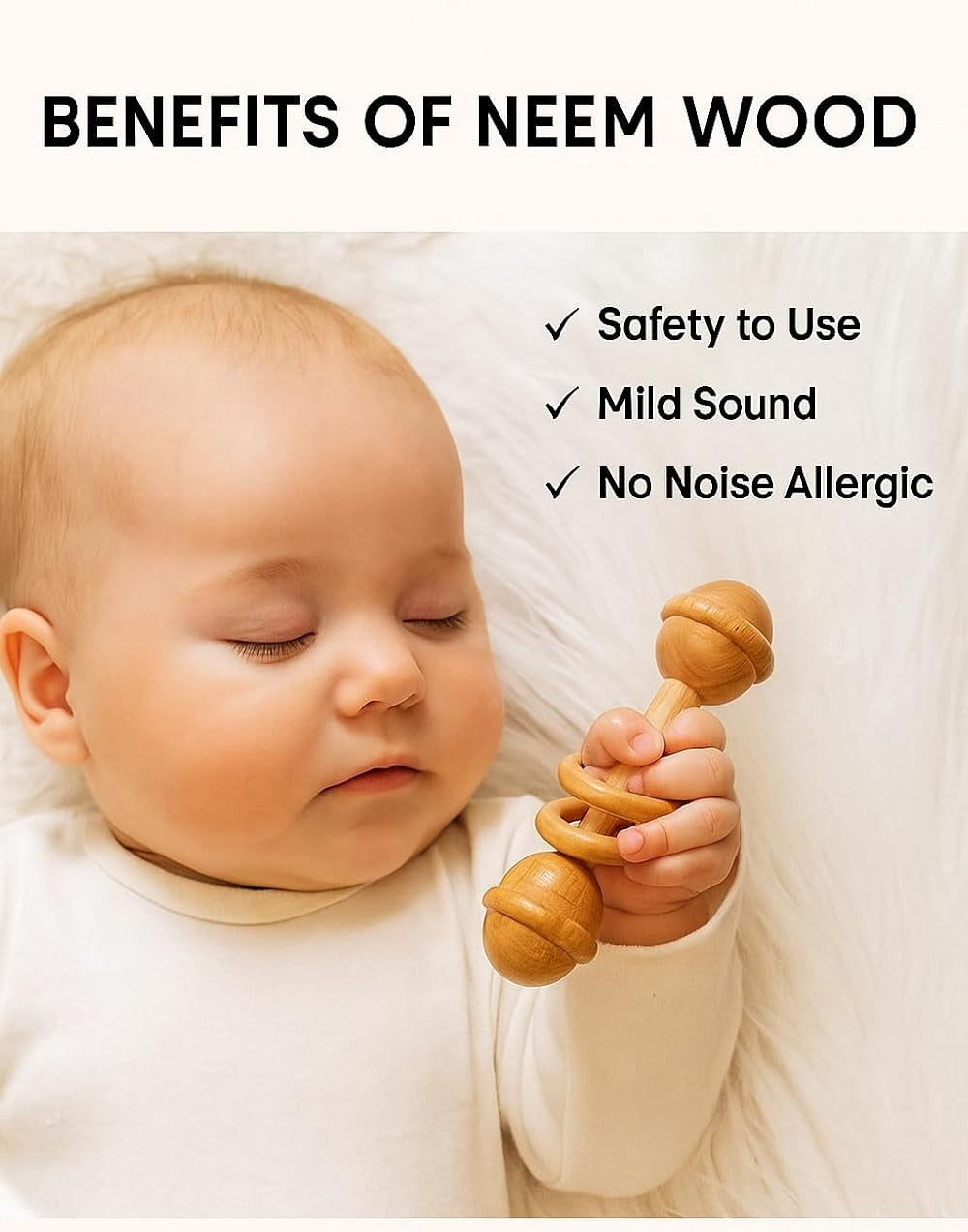 UdrCrafts® Baby Teether Combo Pack of 3 – Organic Neem Wood Teether Combo - 1 Ring, 1 Rattle, 1 Dumbbell Nibbler – Safe Natural Teething Toys | Wooden Teethers for 6 to 12 Months Baby