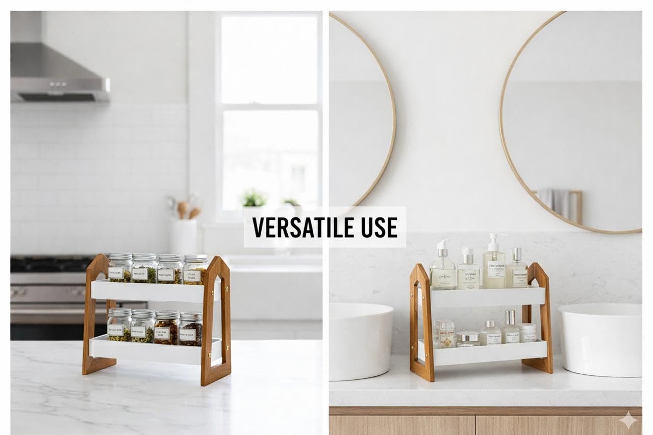 Udaipur Handicrafts 2-Tier Wooden Spice Rack Organizer | Multi-Purpose Countertop Storage Shelf for Kitchen, Bathroom & Office | Modern House-Shape Design | White & Natural Wood Finish