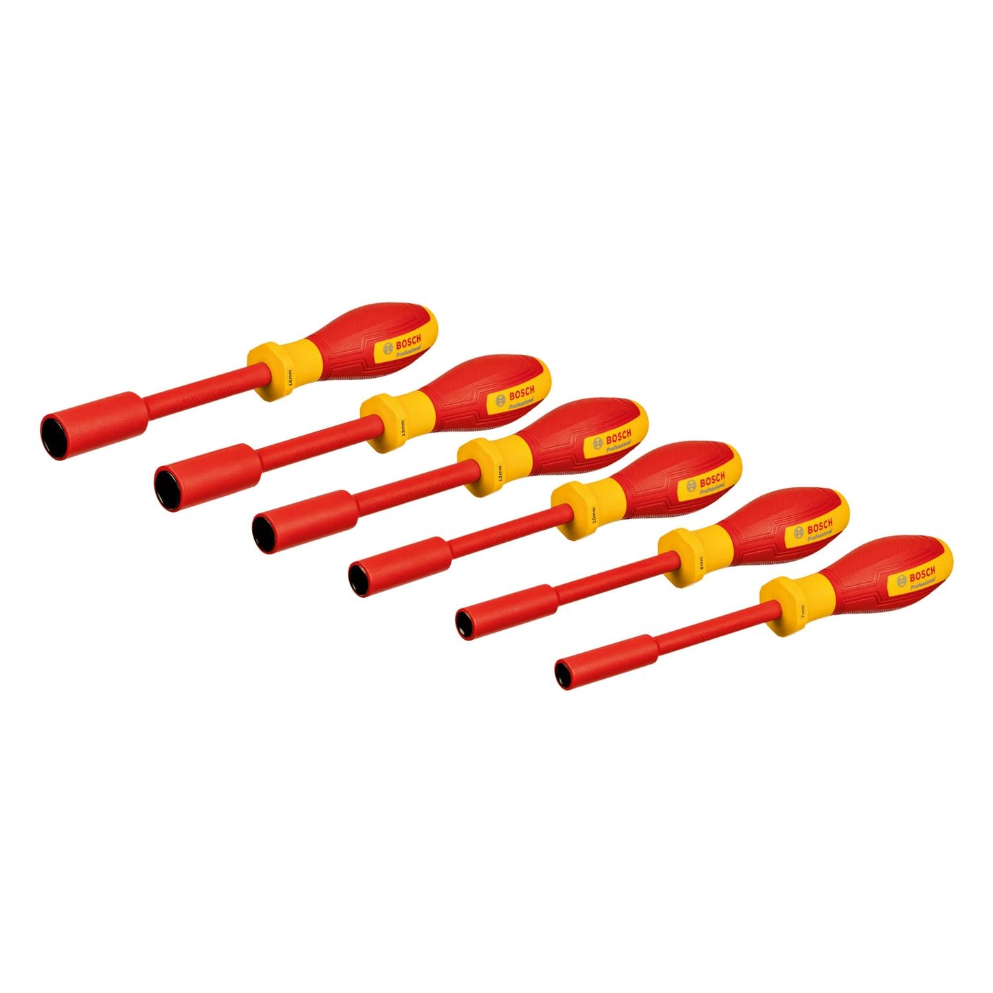 BOSCH Professional VDE Socket Wrench Set 6pc | Certified for Live Work up to 1000V | S2 Steel with Insulating Coating | Soft-Grip Handles | Anti-Roll Design | Sizes 7–14mm | 1/2 L-Box Inlay