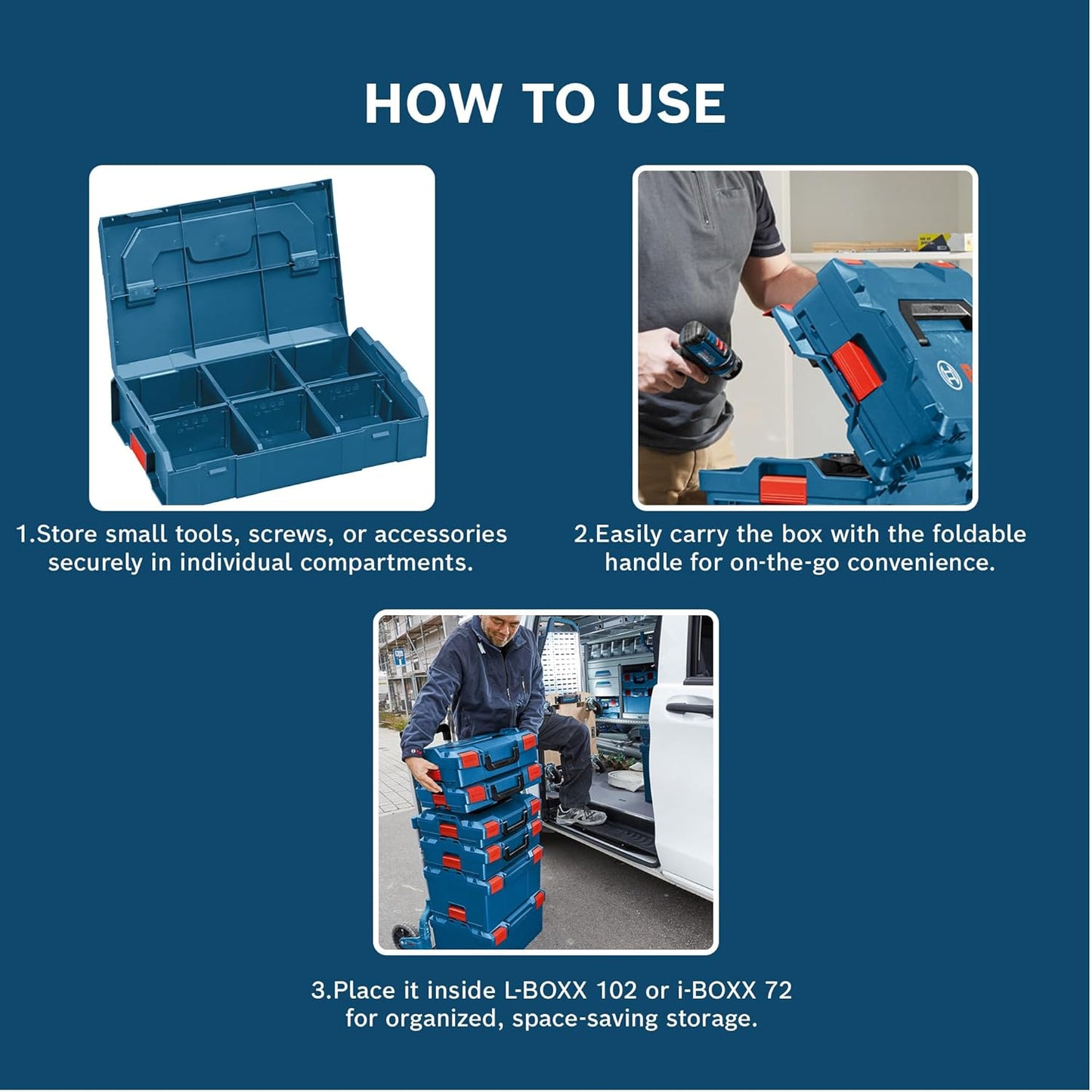 BOSCH L-BOXX Mini Professional Small Items Box, Food-Safe & Dishwasher-Safe, Fits in L-BOXX 102/i-BOXX 72, Compact with Folding Handle for Easy Carrying, 6 Months Warranty