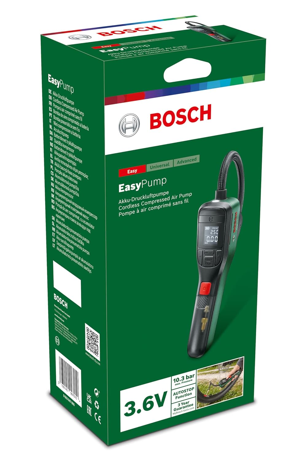 Bosch Easy Pump Cordless Bike Tyre Inflator, Portable Electric Air Pump, 3.0 Ah Battery, 3.6 Volt, Autostop Function, Digital Display & LED Light, USB-C Rechargeable, 0.43 kg