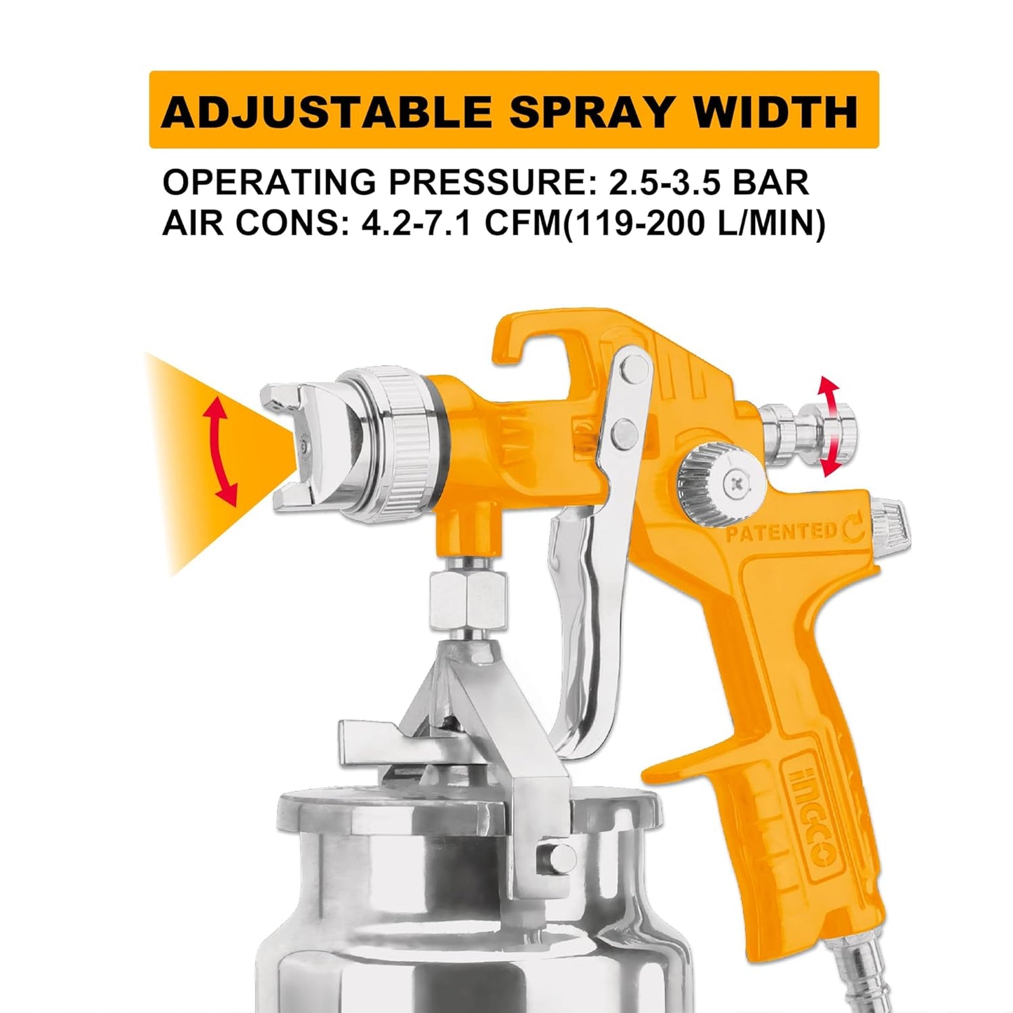 INGCO HVLP Air Spray Gun, Paint Spray Machine,1000 ml Capacity, 2.5-3.5 Bar Pressure, Suitable for Base Coat