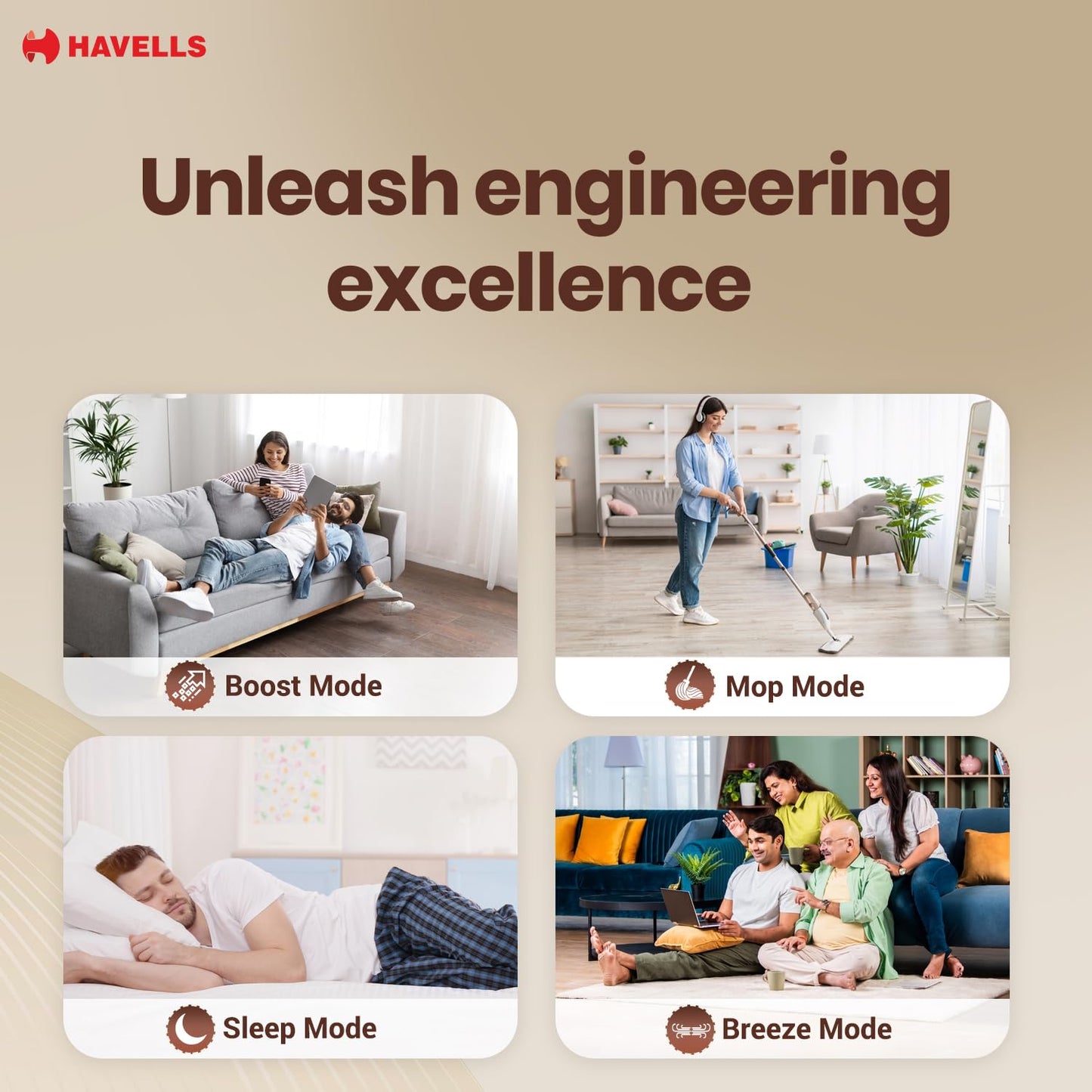 Havells FAB BLDC Ceiling Fan 1200mm (Made In India), 380 RPM, Savings Upto 65%, Reverse Rotation, 4 Modes (Boost,Sleep,Breeze,Mop), Low Wattage 30W, Low Noise, Air Flow:225 CMM, 3Y Warranty, Black