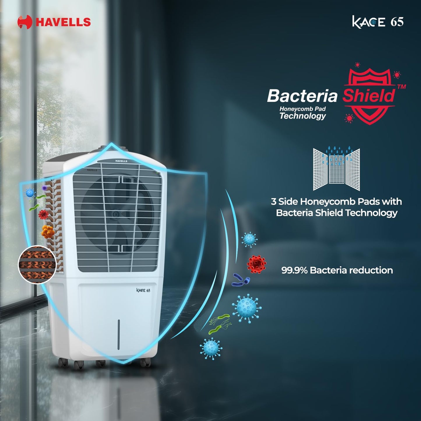 Havells Kace 65 L Desert Air Cooler for Home| Powerful Air-Delivery|Bacteria Shield Honeycomb Pads Technology |XXL Ice Chamber| Ice Chill Drip Technology | Inverter compatible|Front wheels with brakes