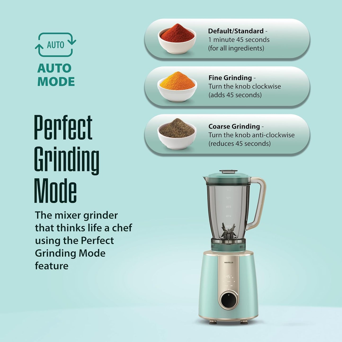 Havells CRAFT Mixer Grinder | One Touch Grinding | Unique Touch Control | Powerful BLDC Motor with 10 Year Warranty | 50% Quieter Performance| Precision Control Over Grinding Texture(Blue & Gold)