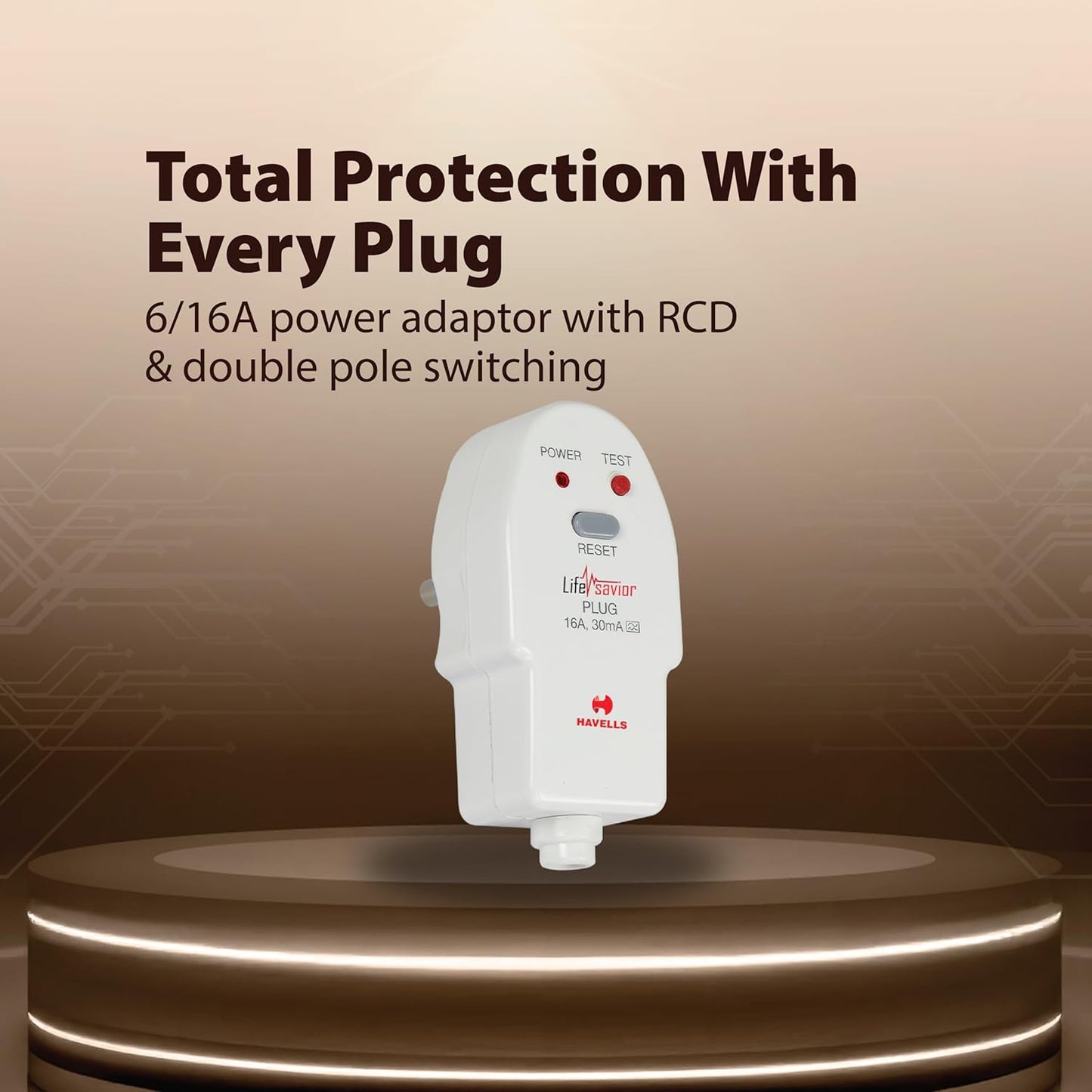 Havells Plastic 16A 30mA PRCD Plug Top, Equipped with a Safety Shutter Socket Along with An Auto Trip Feature Which Shuts Off if Detects Any Current Leakage, Backup Protection for Overload 6IEC: 61540