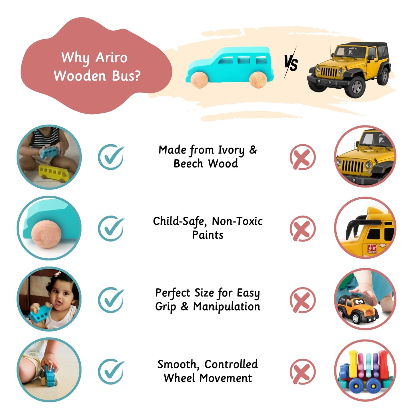 UdrCrafts® Wooden Jeep for Toddlers and Infants | Push Wooden Vehicle Toy | 6M-3Y | Helps Child in Grip Strength, Hand-Eye Coordination
