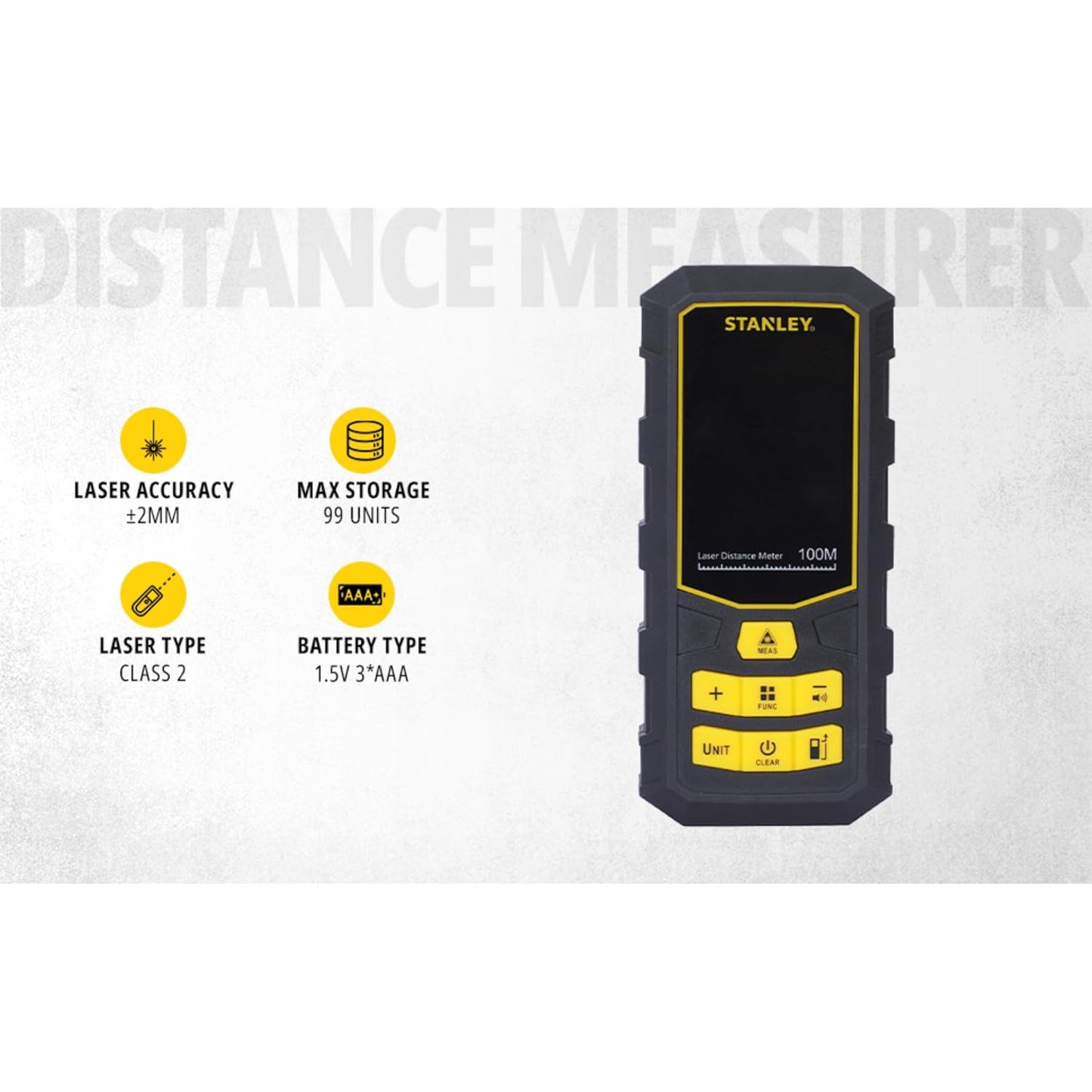 STANLEY STHT77803-A Professional Black Laser Distance Meter - 100 M, ±2.0mm Accuracy, Comes with 3 * 1.5V AAA Batteries, IP40 Dust & Water-Splash Rating, Ideal for Area & Volume Measurement