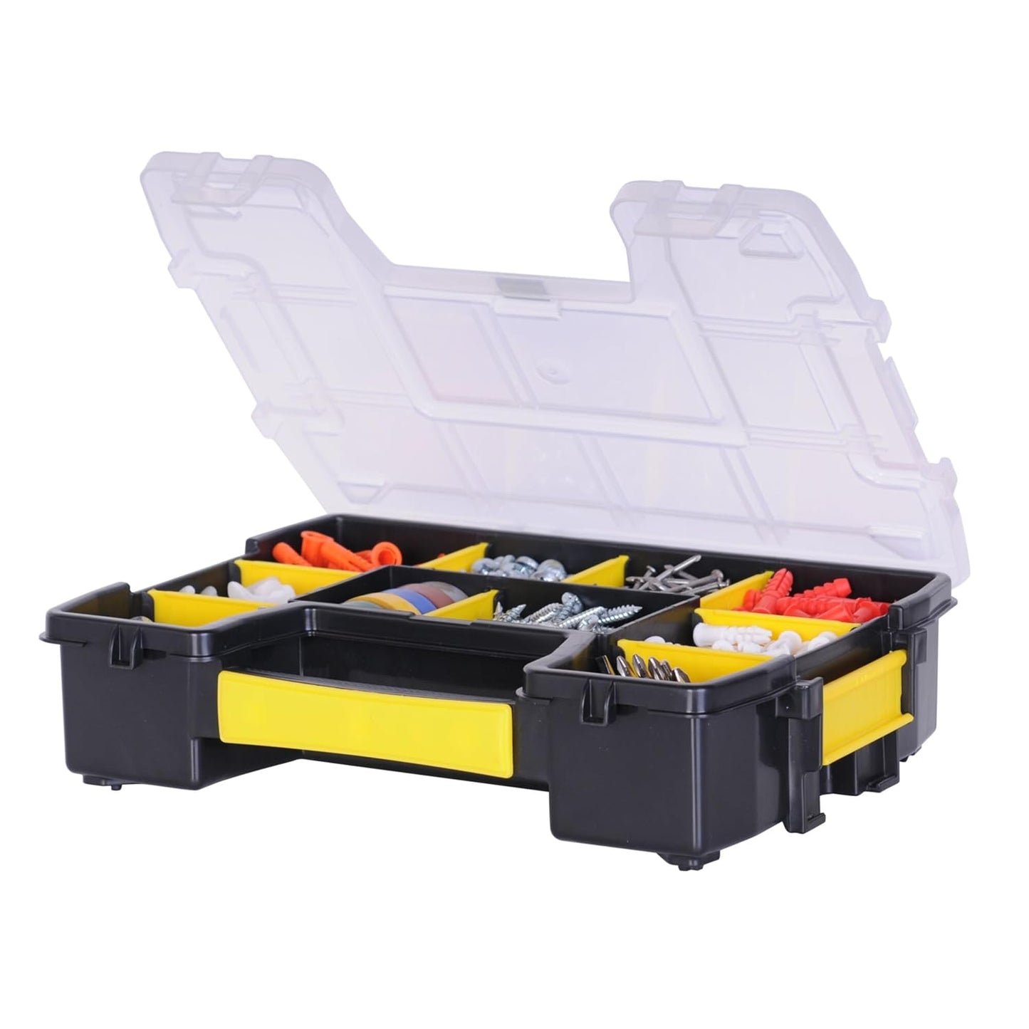 STANLEY STST1-70720 Professional Heavy Duty 10 Compartment Sort Master Light Organizer, 2.5 Kg Weight Capacity, Customizable 8 Removable Dividers, Polypropylene Textured Lid, 11.6x29.3x22.4 cm