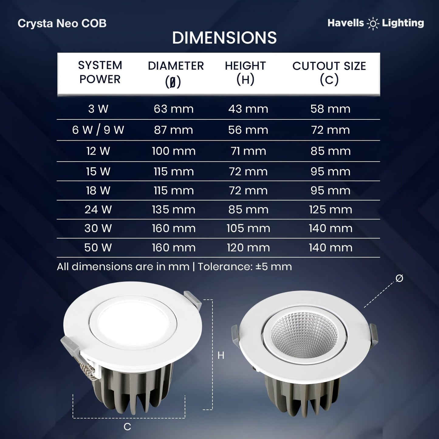 Havells Crysta NEO Swivel COB Spotlight 30W 3K Ceiling Light Energy Efficient Beam Angle of 36° Long Life of 25000 Burning Hours Metal Body COB,Aluminum DIE CAST,80 Lumen Per Watt 6500K