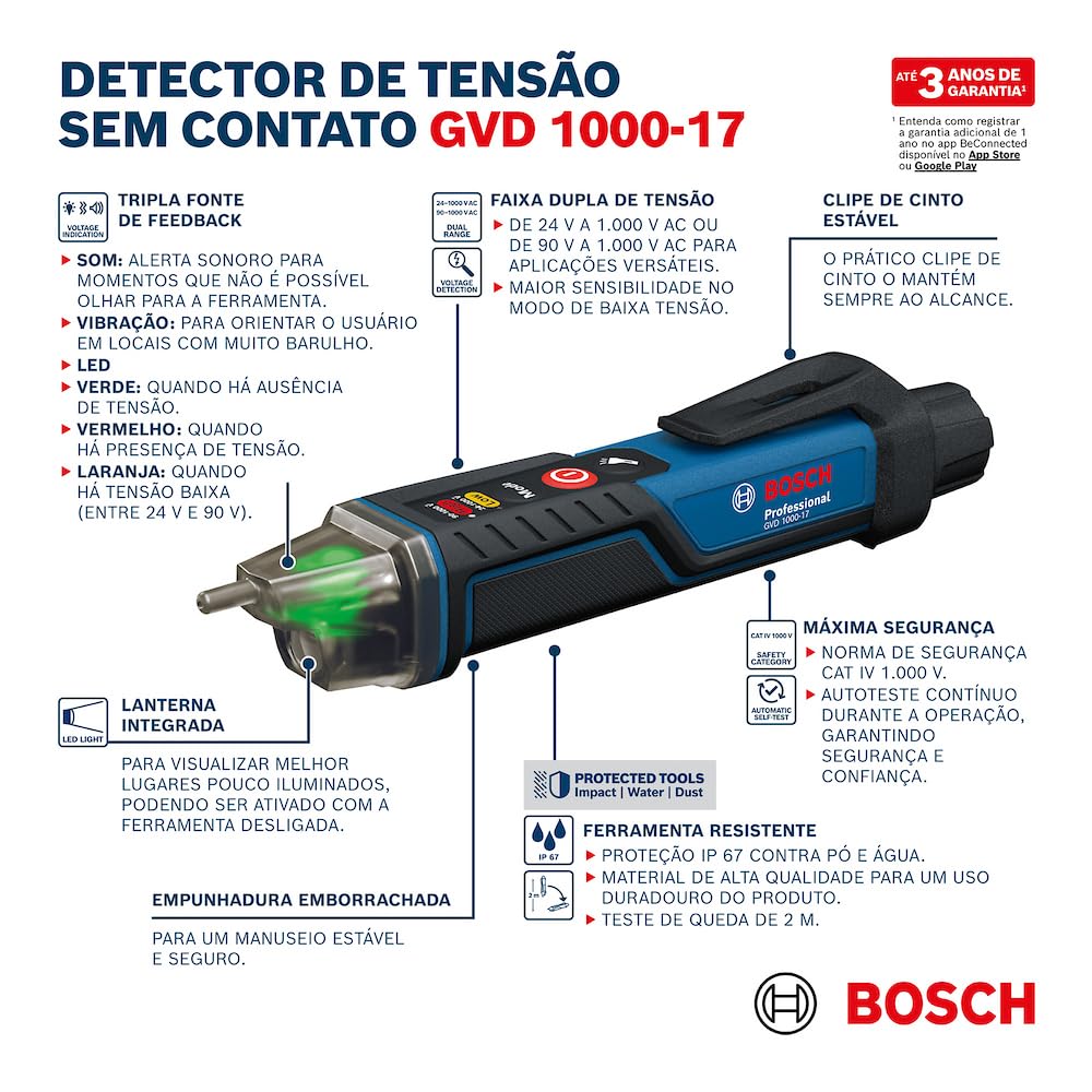 Bosch GVD 1000-17 Electrical Meter (Contactless Voltage Detection, IP67, Dual Range 24-1000V AC, Integrated Torch, Belt Clip, CAT IV 1000V Tested)