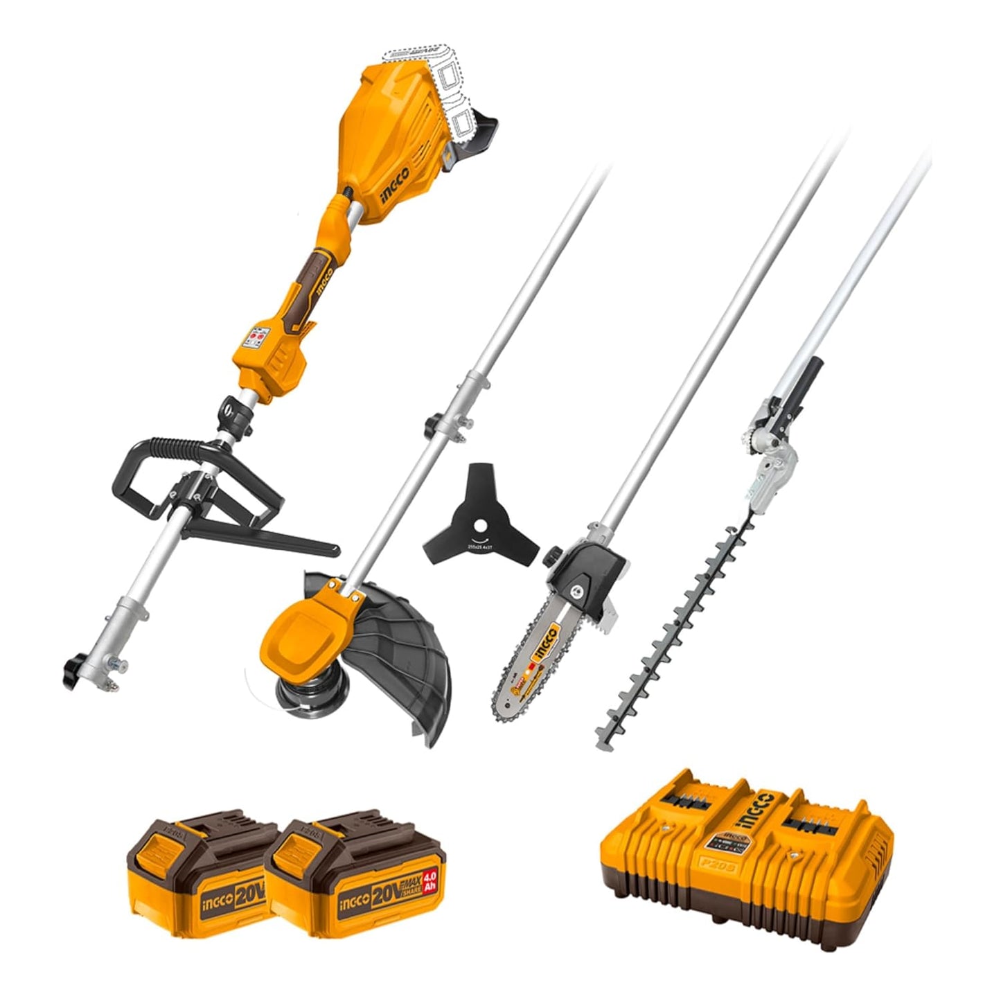 INGCO 40V Cordless Brushless 4IN1 Pole Hedge Trimmer, Pole Saw, Grass Trimmer & Brush Cutter, with 2Pcs 4.0Ah Battery and 1Pcs Dual-Port Charger CSTLI2040386