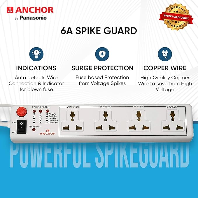 Anchor by Panasonic Spike Guard- 4 Universal Socket with Single Switch - 4 Mtr (22048)