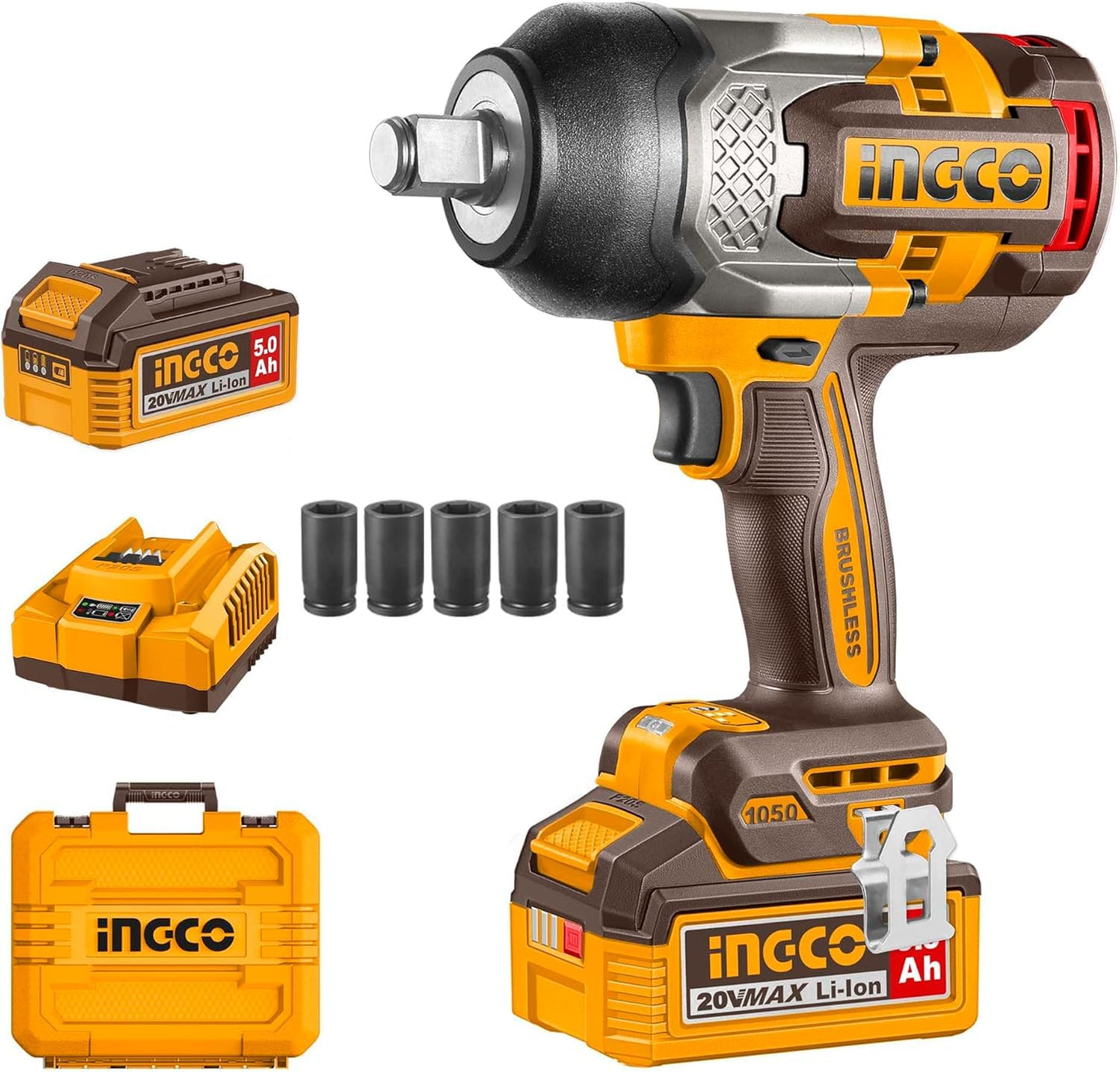 Ingco 20V Cordless Impact Wrench 1050NM, Brushless Motor, Nut-Busting Torque 1200NM, Max Speed 2100RPM Battery Impact Gun With 1Pcs 5.0Ah Battery And Charger, Packed by Carrying Case CIWLI20105
