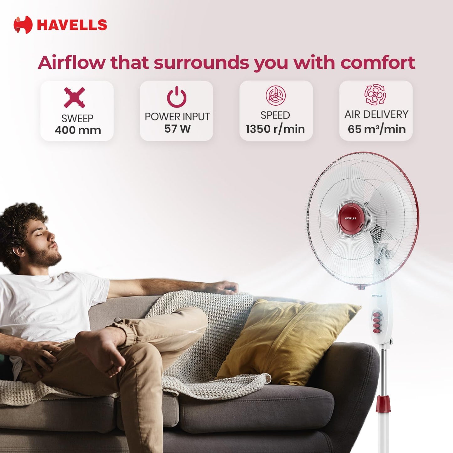 Havells Gatik Pro 400mm Pedestal Fan| 120 Ribs Guard for Safety| Smooth Oscillation| Heavy Base| ISI Marked | 2 Year Warranty | Wine Red