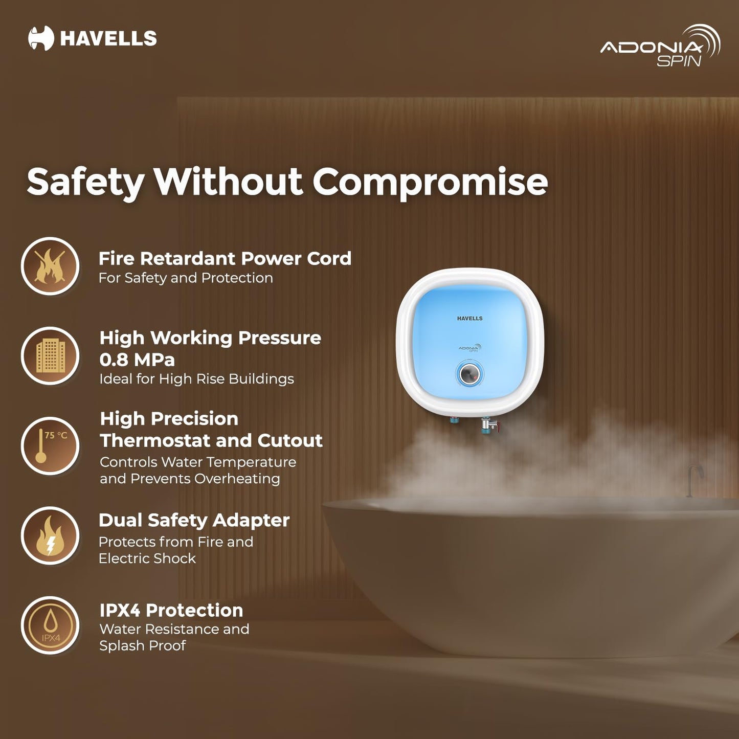 Havells All New Adonia Spin 25L 5 Star Storage Water Heater(Geyser)|Faster Heating|Safe to use|Saves electricity|Feroglas Coated Anti Rust Tank| Temp. setting knob|7 Yr. Tank Warranty| Made In India