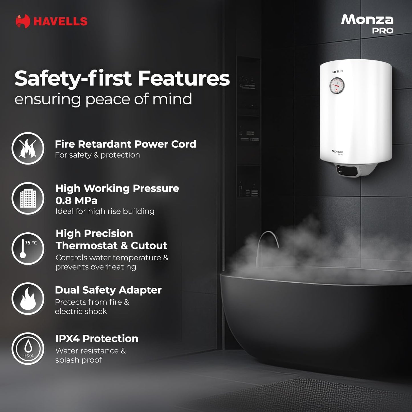 Havells Monza Pro 15L Storage Water Heater(Geyser)|Faster Heating|Safer to use|Saves electricity|Engineered for Hard Water|Endurashield Coated Anti Rust Tank|Whirlflow Technology|High Rise suitable
