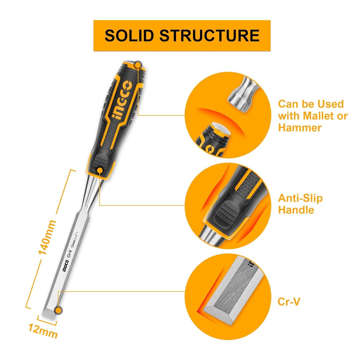 INGCO Wood Chisel, Cr-V | 120mm Width, 15°Bevel Edged, Bi-Material Soft and Shock-Absorbing Grip and Steel Striking Cap Wood Chisel with Hammer End for Woodworking, Carving