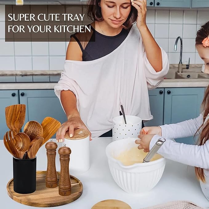 Udaipur Handicrafts Decorative Round Acacia Wood Tray - Perfect Small Candle Tray for Kitchen, Dining Room, Coffee Table & Home Decor