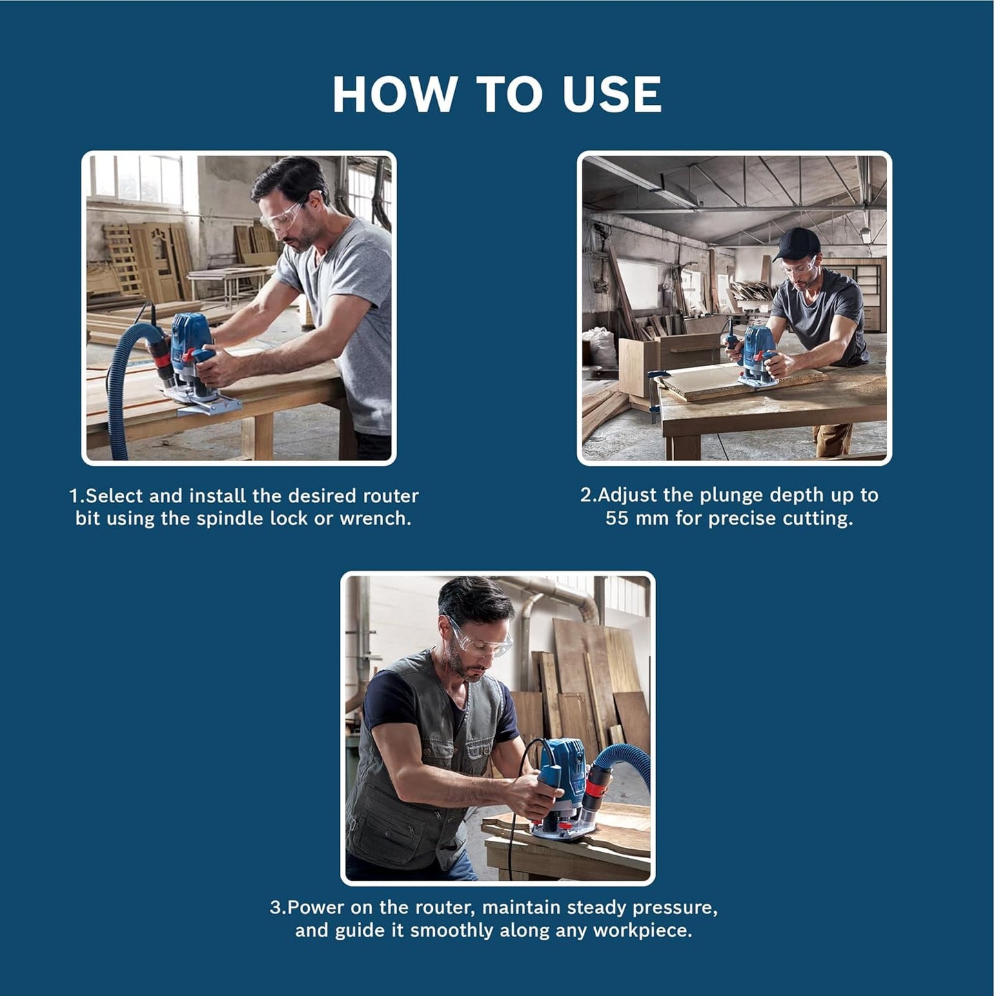 Bosch GOF 130 Corded Electric Router, 1,300W, 8 mm Bit, 28,000 rpm, 40 mm, Variable Speed, Restart Protection, Constant Speed, 3.5 kg + 8 Bosch Accessories, 1 Year Warranty