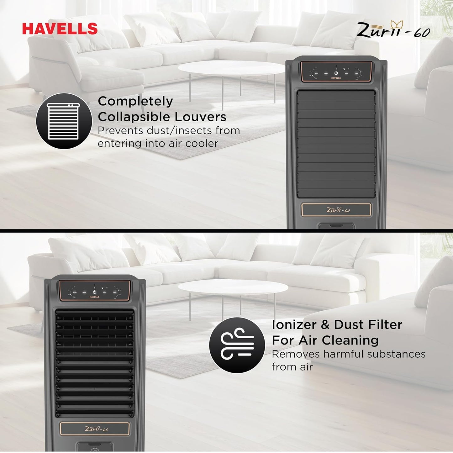 Havells Zurii 60 L Tower Air Cooler for Room|With Remote & Electronic Panel|Fully Collapsible louvers|Low Water Alarm|Dust Filter Net|Timer Function|Bacteria Shield Honeycomb Pads|Dry Run Protection