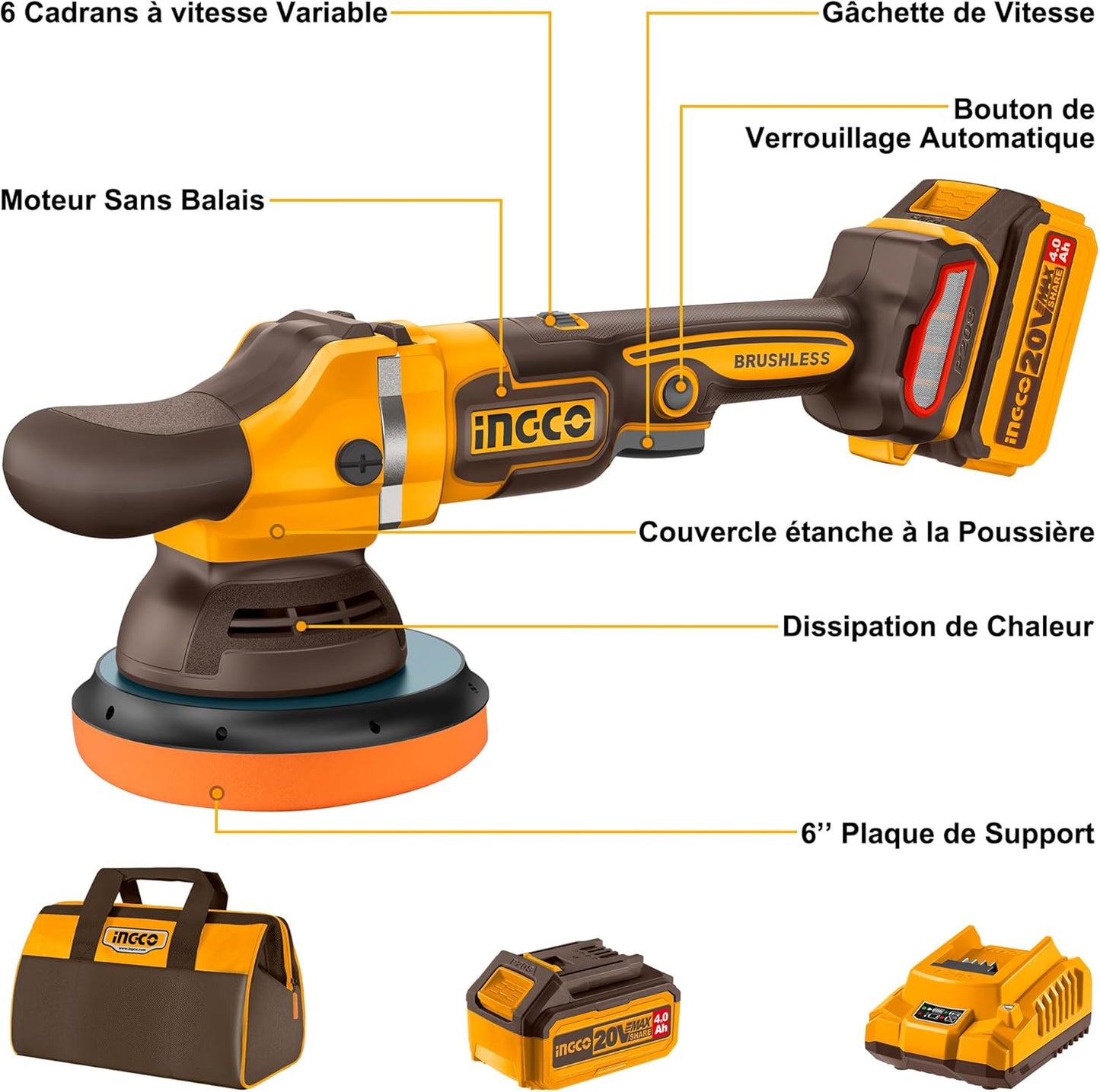 INGCO APLI20151 20V Cordless Polisher with 1 x 4.0 Ah Battery and Charger