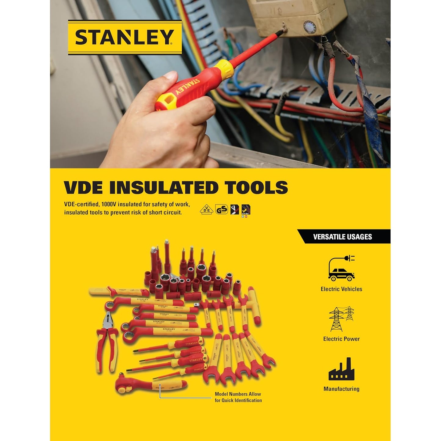 Stanley STMT77851-23B 1/2" VDE Insulated T-Handle Wrench 200mm, Ideal For Repair Of Electric Vehicles, Red and Yellow