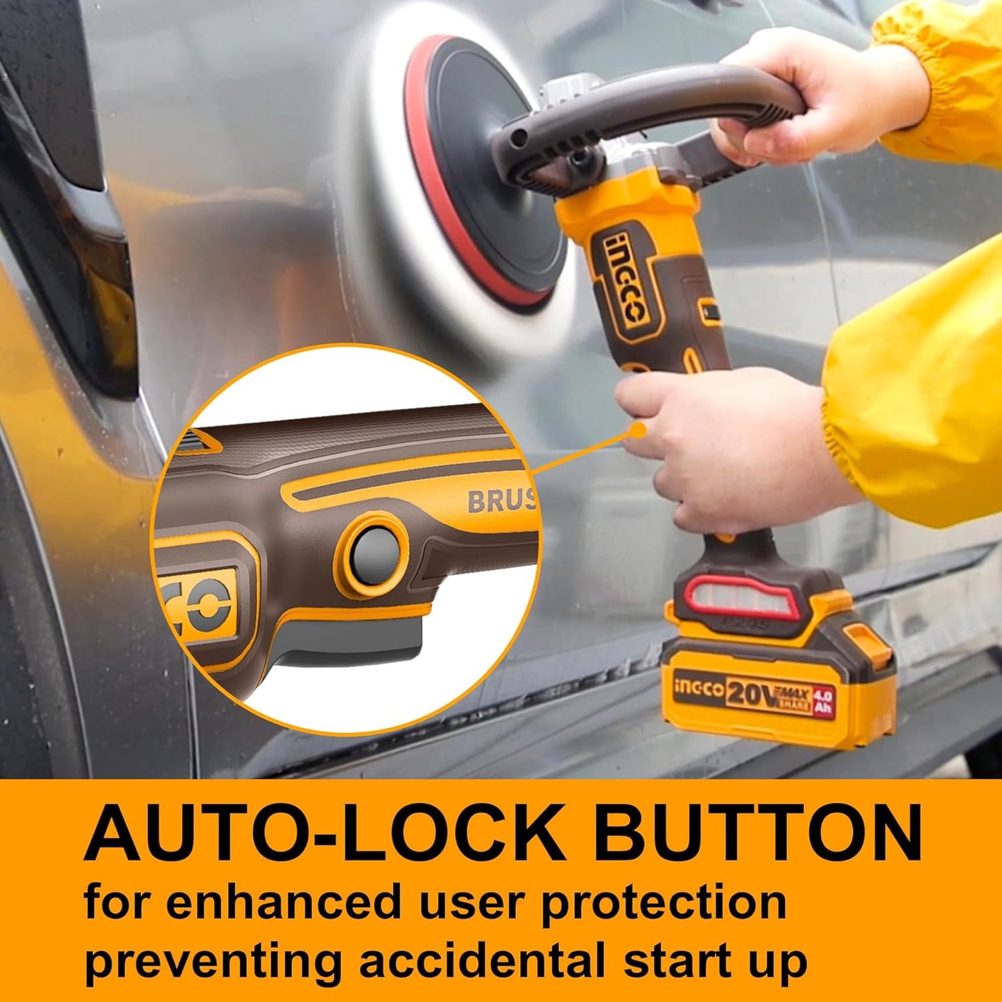 INGCO Cordless Rotary Polisher Car Polisher 180mm M14 Brushless 3IN1 Polisher Buffer and Sander with 4.0Ah Battery and Charger for Car Detailing Polish Buffing Sanding DIY APLI20181