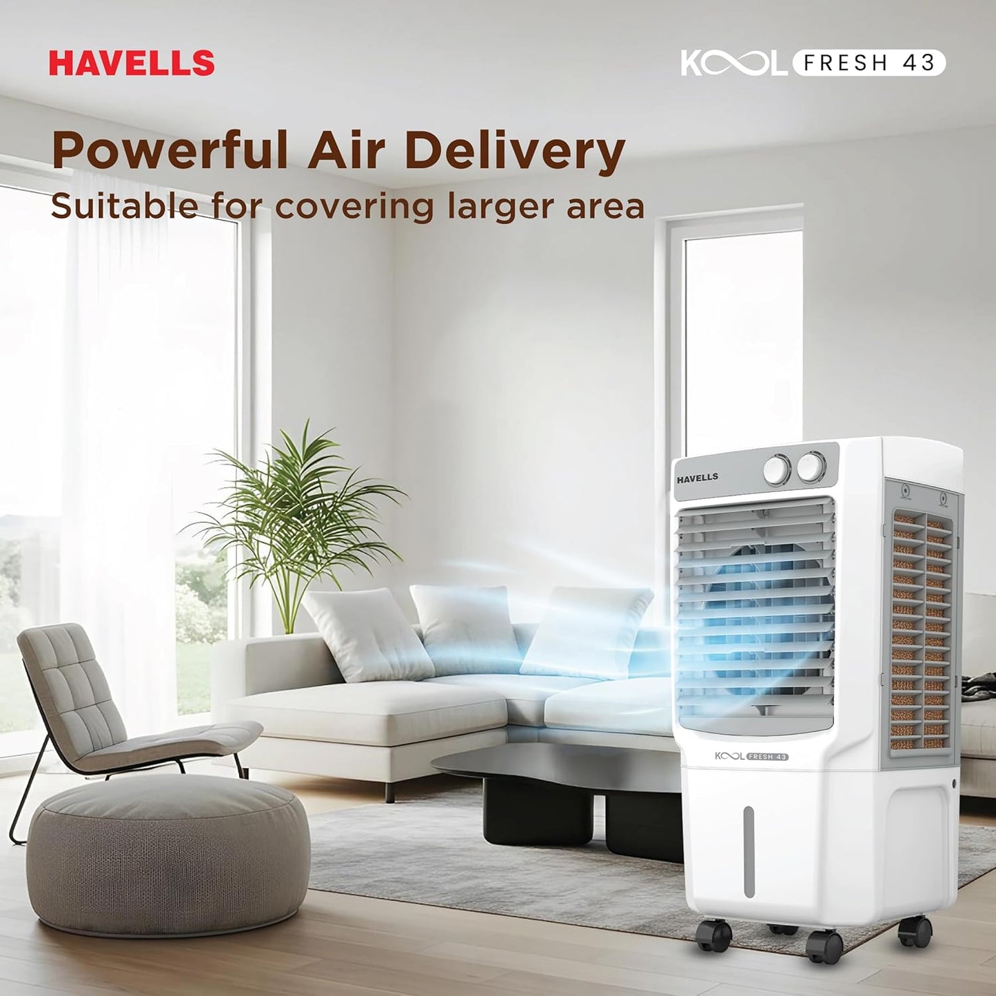 Havells KoolFresh 43 L Personal Air Cooler for Room|Powerful Air-Delivery|Dual Flow Technology|Fan & 3 Side Bacteria Shield Honeycomb Pads|Ice Chamber|Fully Collapsible Louvers|Front Wheel with Brakes