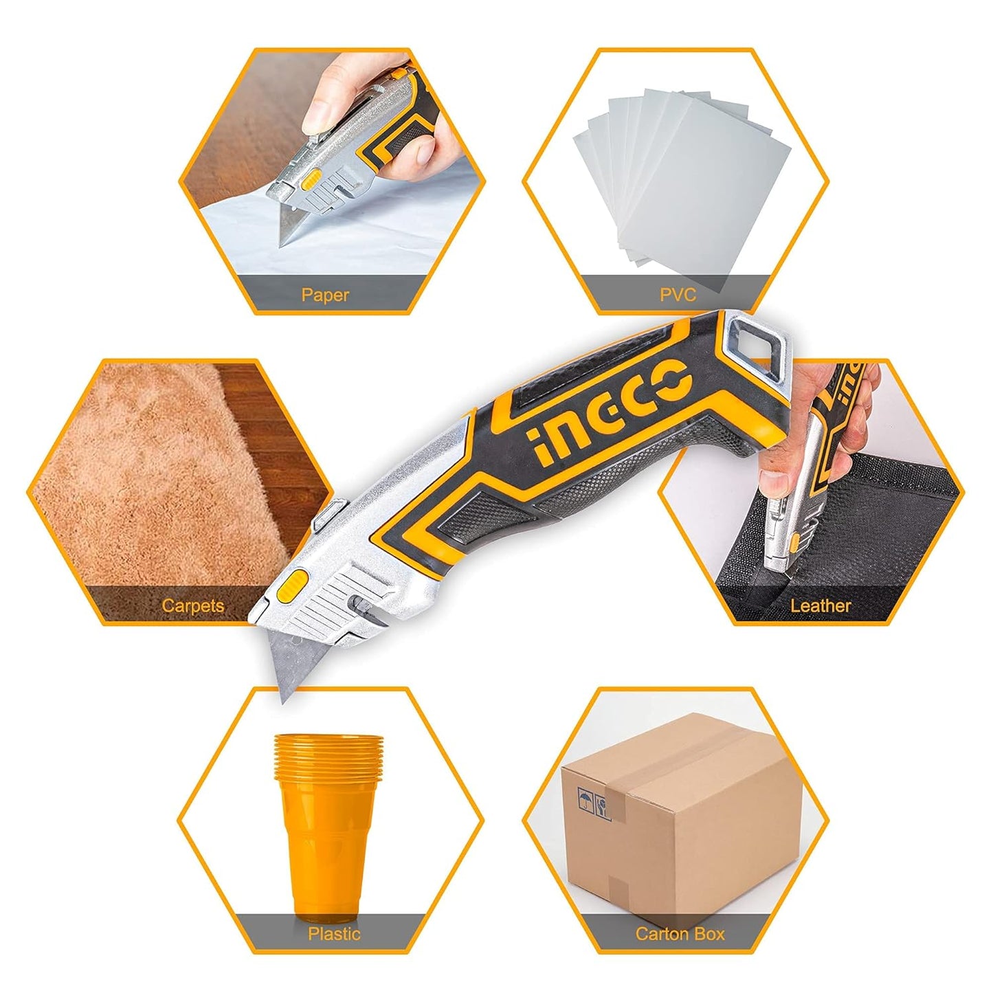 INGCO Box Cutter, Utility Knife, INGCO Pocket Knife retractable with 5 blades, Lock-Back Design, and Lightweight Aluminum Design