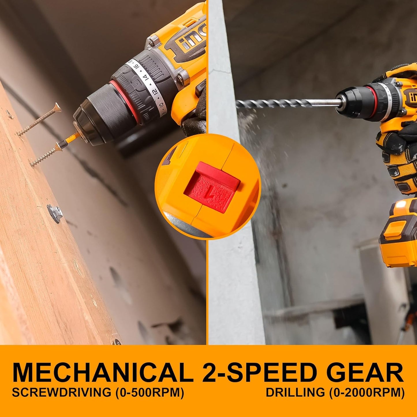 INGCO Cordless Impact Drill 96NM, 20V Brushless Combi Drill, 13mm Chuck, 22+1+1 Torque, 2 Speed, LED Work Light with 2Pcs 4.0Ah Battery And 1Pcs Charger Perfect for Home, Garden DIY Project
