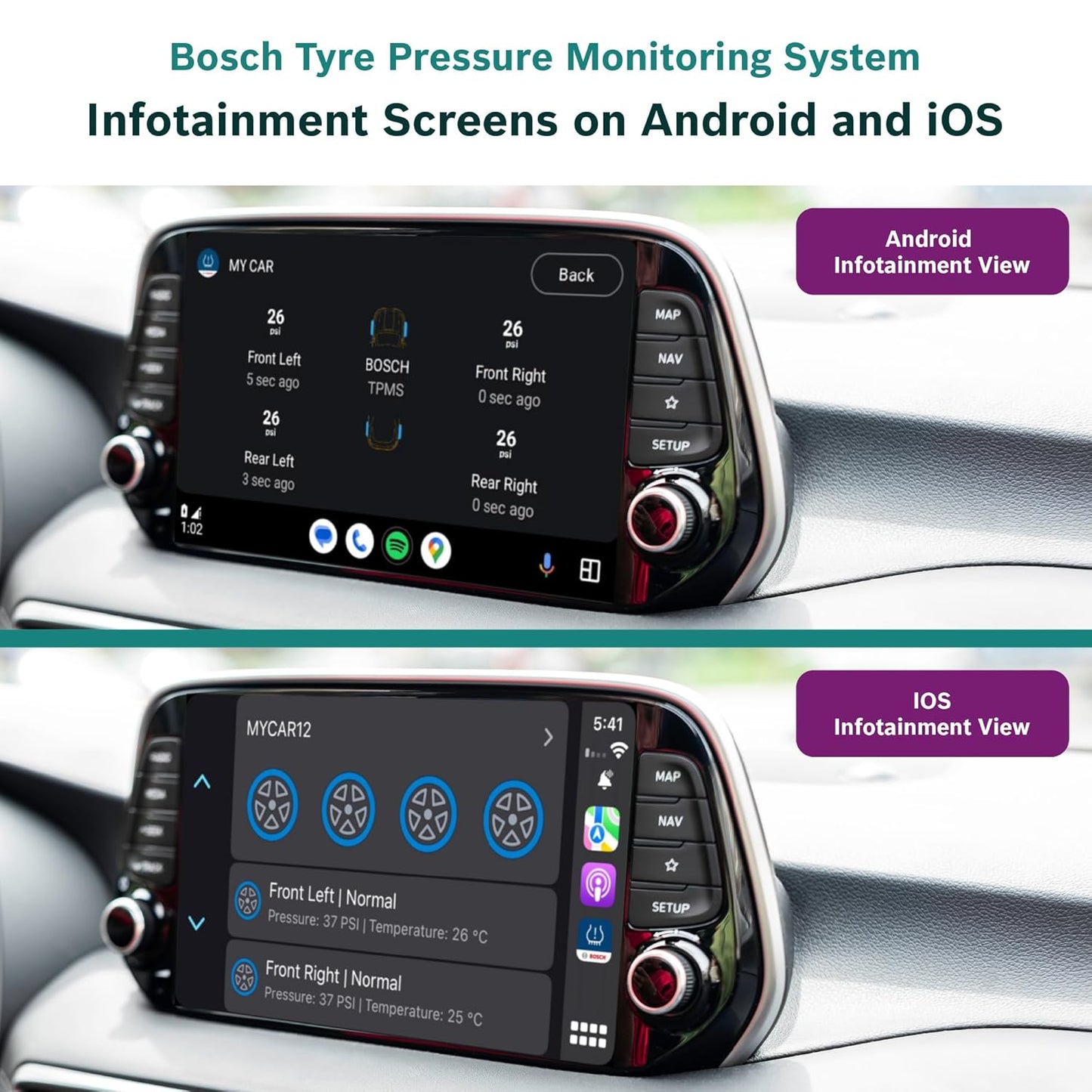 Bosch Tyre Pressure Monitoring System (TPMS) for Cars with tubeless Tyres | Pack of 4 sensors | Real-Time Tracking & Alerts via Mobile App | 5-Year Warranty