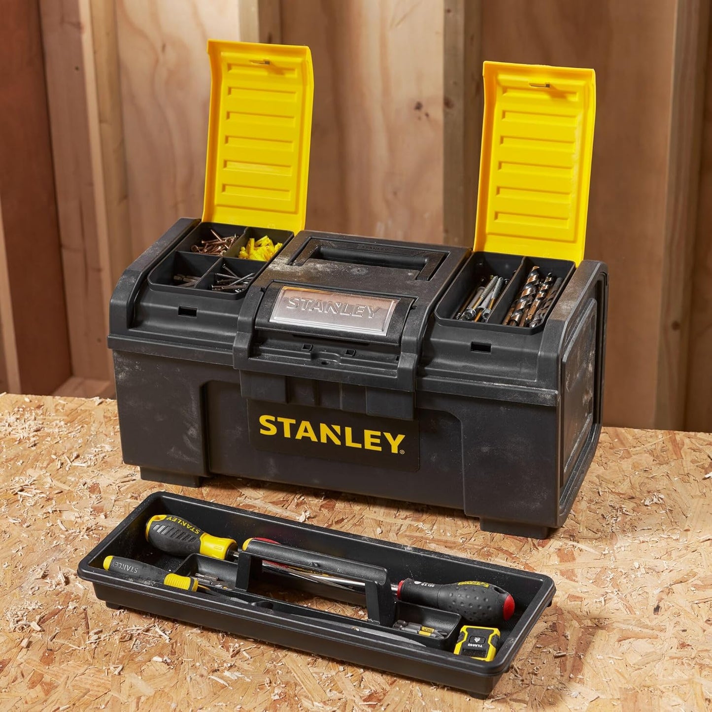 STANLEY 1-79-217 19" One-Touch Heavy-Duty Portable Plastic Tool Box With Removable Tray for Easy & Convenient Storage, 25 Kg Load Capacity, 1 Year Warranty, YELLOW & BLACK, 26.6x48.6x23.6 cm