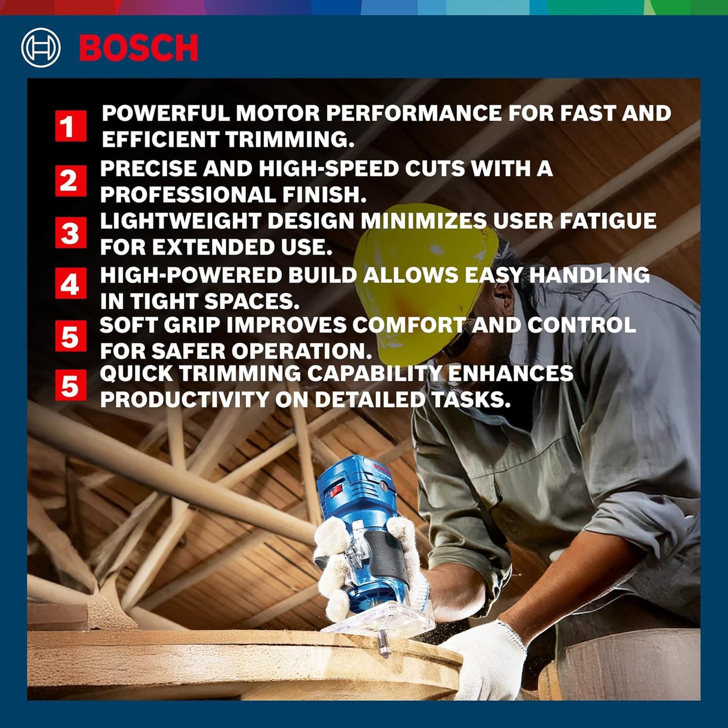 Bosch GKF 550 Electric Hand / Palm Router, 550W, 33,000 rpm, 6 (1/4") mm Bit, Variable Speed, Soft Grip,1.4kg + Parallel, Roller & Template Guide, 17 mm & 10 mm Spanner, Straight Bit, 1 Year Warranty