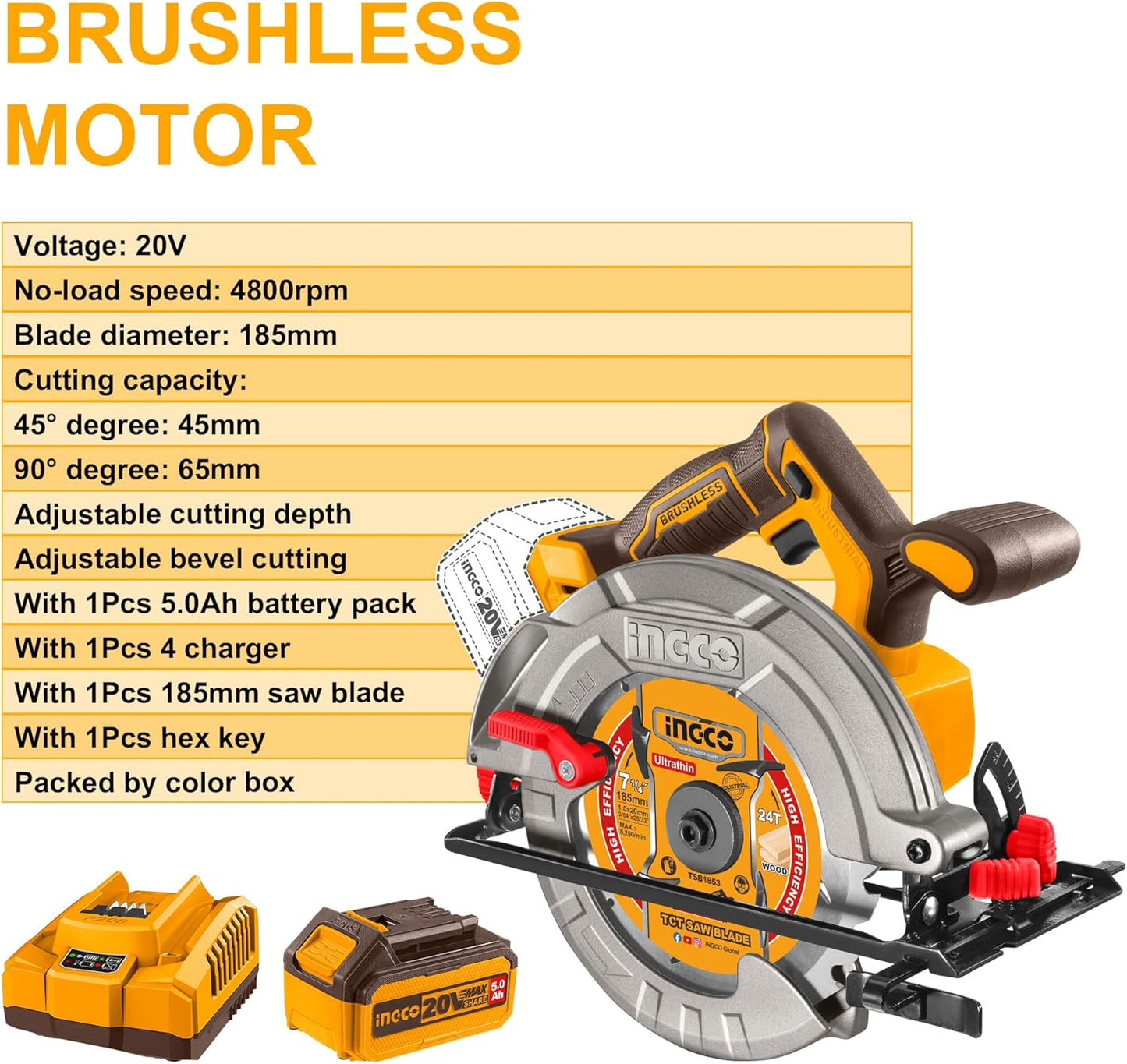 INGCO 20V Cordless Circular Saw 185mm, Brushless Electric Saw 4800 RPM, Maximum Cutting Depth 65mm with 1Pcs 5.0Ah Battery Pack, 1Pcs Fast Charger CSLI18513