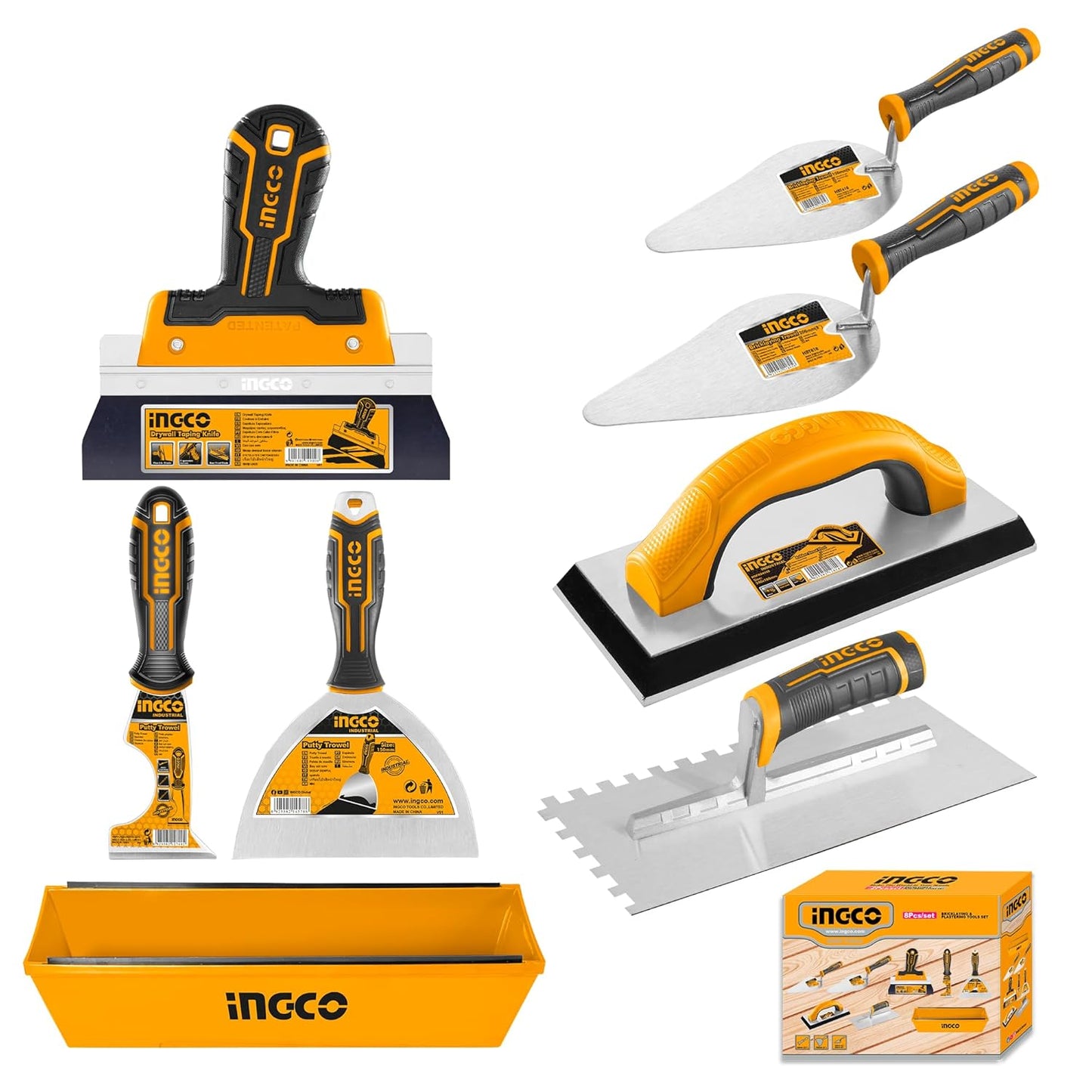INGCO Stainless Steel Trowel Set, Notched Trowel, Putty Trowel, Drywall Taping Knives, Multi-Purpose, for Drywall Finishing, Plaster Scraping, Decals, and Wallpaper